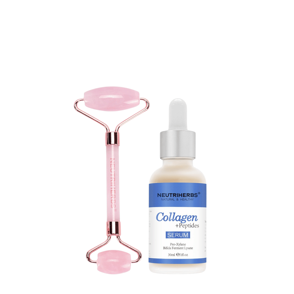 Face Massage Roller Firming Kit med rosakvartsroller og Collagen + Peptides Serum