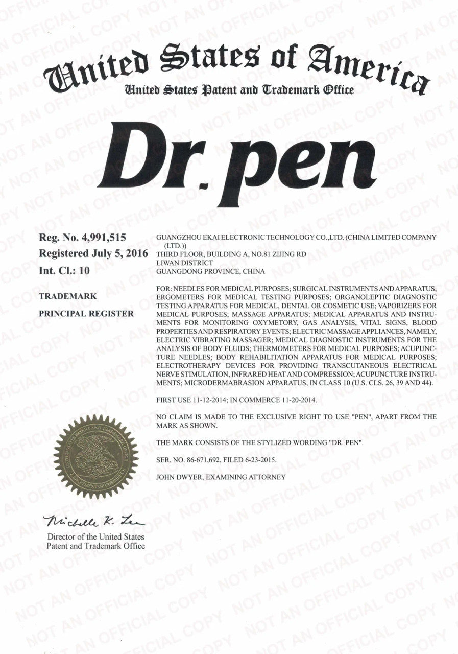 Officielt certifikat fra United States Patent and Trademark Office der viser registreringen af varemærket Dr. Pen.
