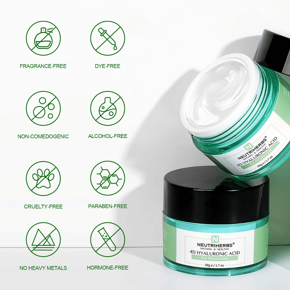 Neutriherbs 4D Hyaluronic Acid Gel Moisturizer 50 g med illustration af produktets egenskaber. Gelcremen er parfumefri, alkoholfri, uden farvestoffer, ikke-komedogen, parabenefri og cruelty-free samt fri for tungmetaller og hormoner, hvilket gør den skånsom for alle hudtyper, også sensitiv hud.
