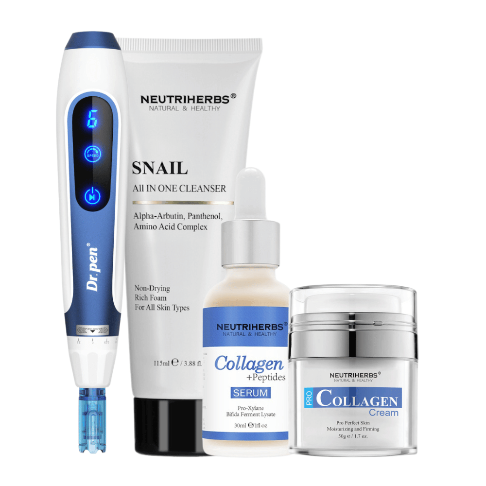 Anti-Age Kit med Dr. Pen A11, Neutriherbs Snail Cleanser, Collagen + Peptides Serum og Pro Collagen Cream.