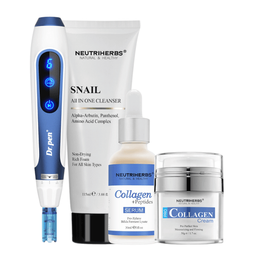 Anti-Age Kit med Dr. Pen A11, Neutriherbs Snail Cleanser, Collagen + Peptides Serum og Pro Collagen Cream.