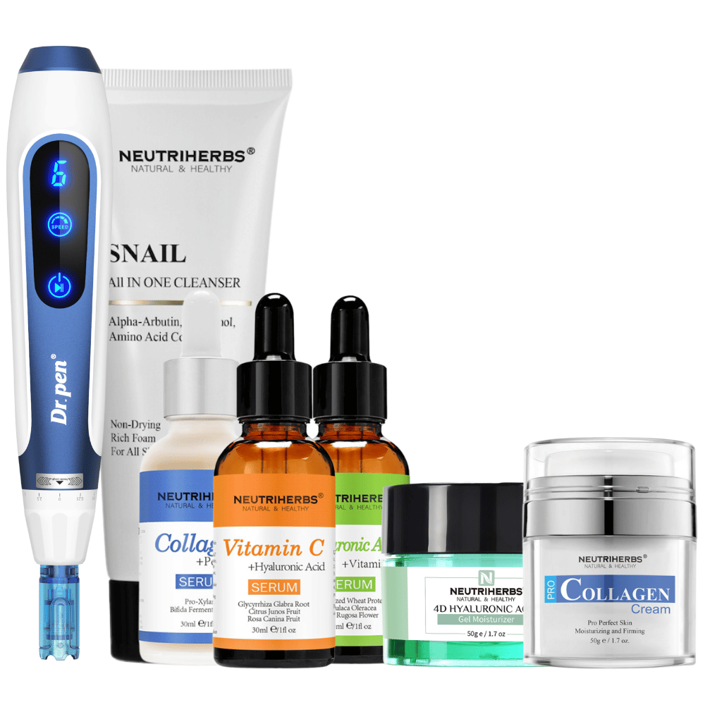 Complete Skin Renewal Kit med Dr. Pen A11, Neutriherbs Snail Cleanser, tre sera, 4D Hyaluronic Acid Gel Moisturizer og Pro Collagen Cream.