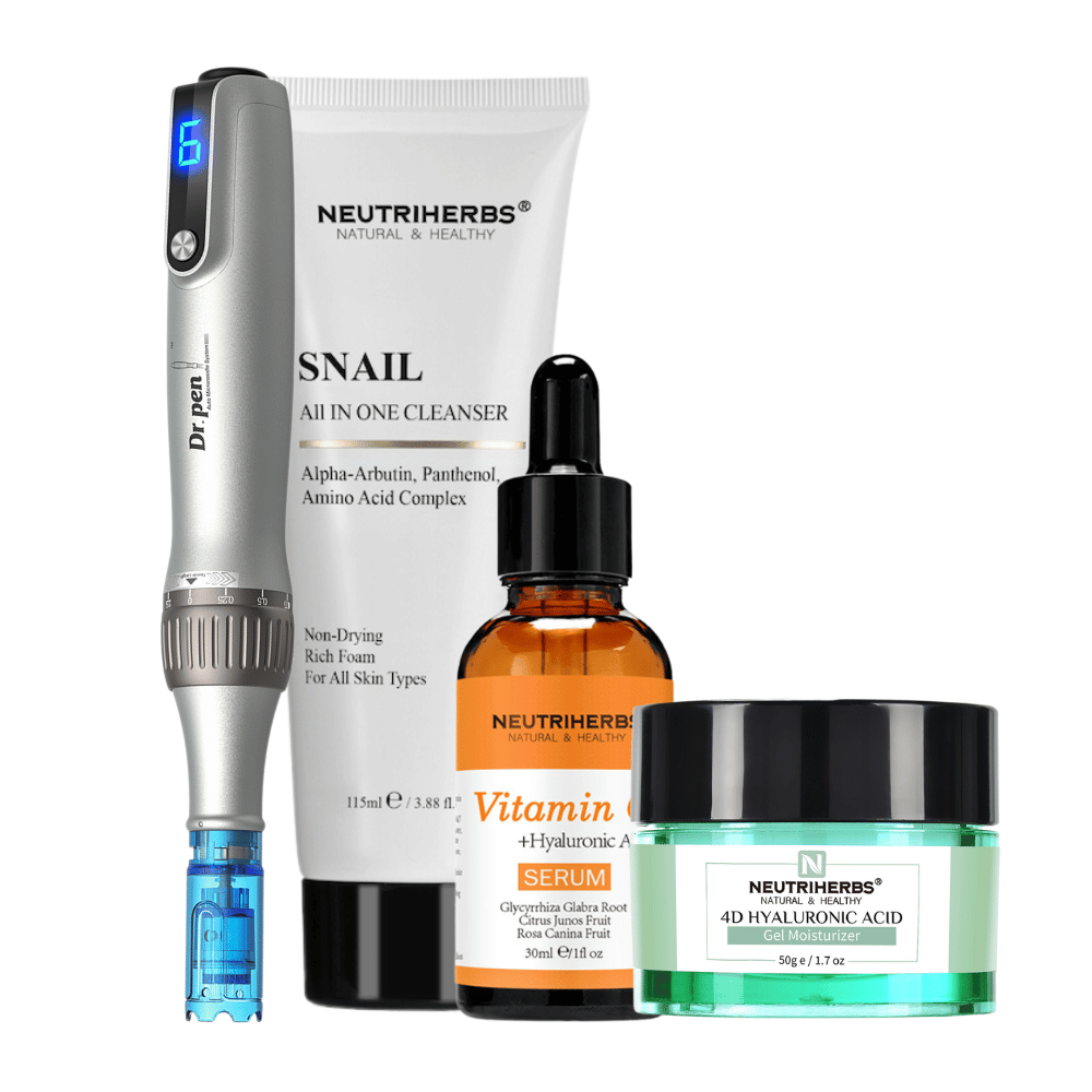 Glow & Brightening Kit med Dr. Pen M8S, Neutriherbs Snail Cleanser, Vitamin C Serum og 4D Hyaluronic Acid Gel Moisturizer.
