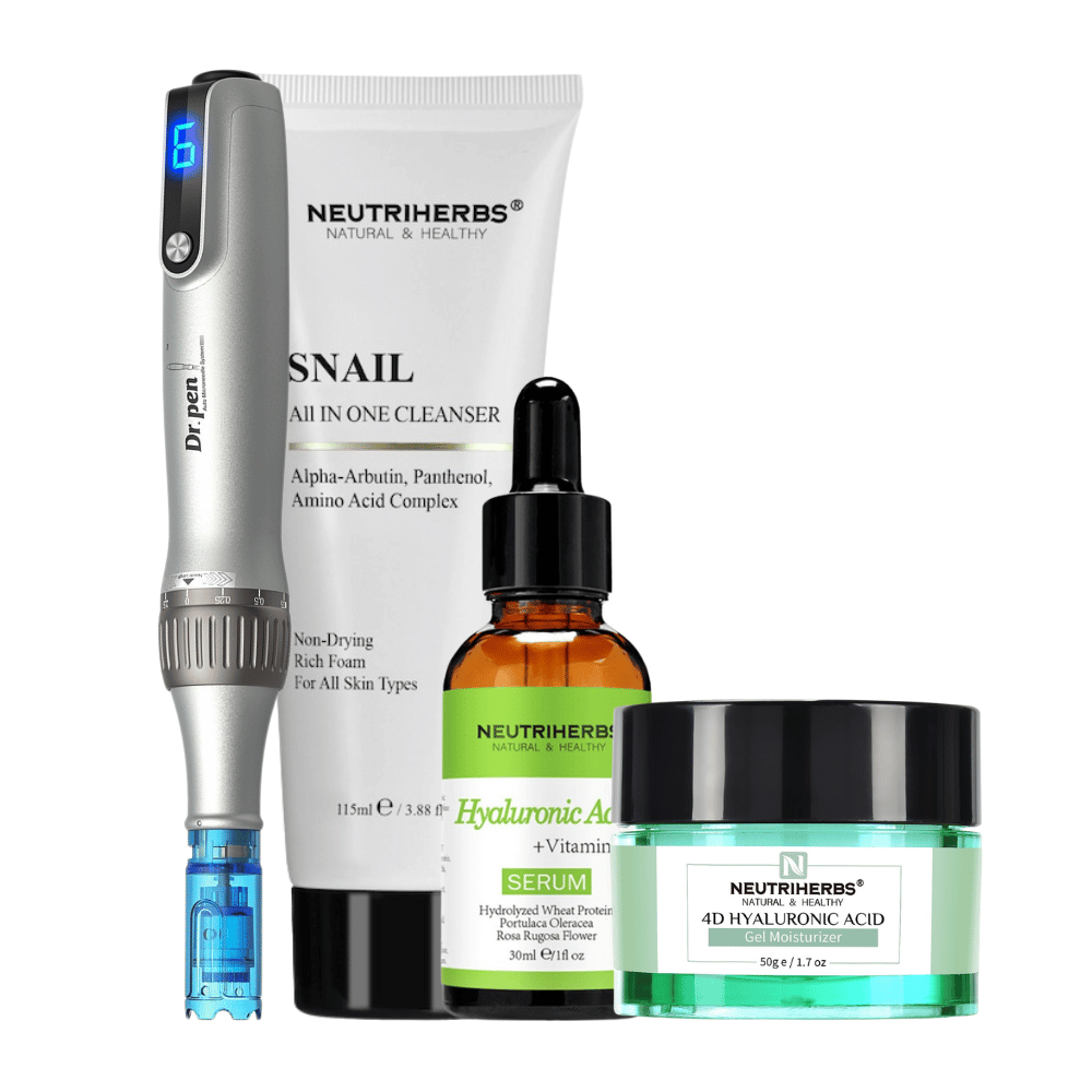 Microneedling Starter Kit med Dr. Pen M8S, Neutriherbs Snail Cleanser, Hyaluronic Acid Serum og 4D Hyaluronic Acid Gel Moisturizer.