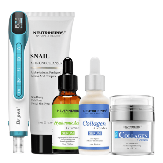 Premium Anti-Aging Kit med Dr. Pen H6, rens, hyaluronsyreserum, kollagenserum og kollagencreme.