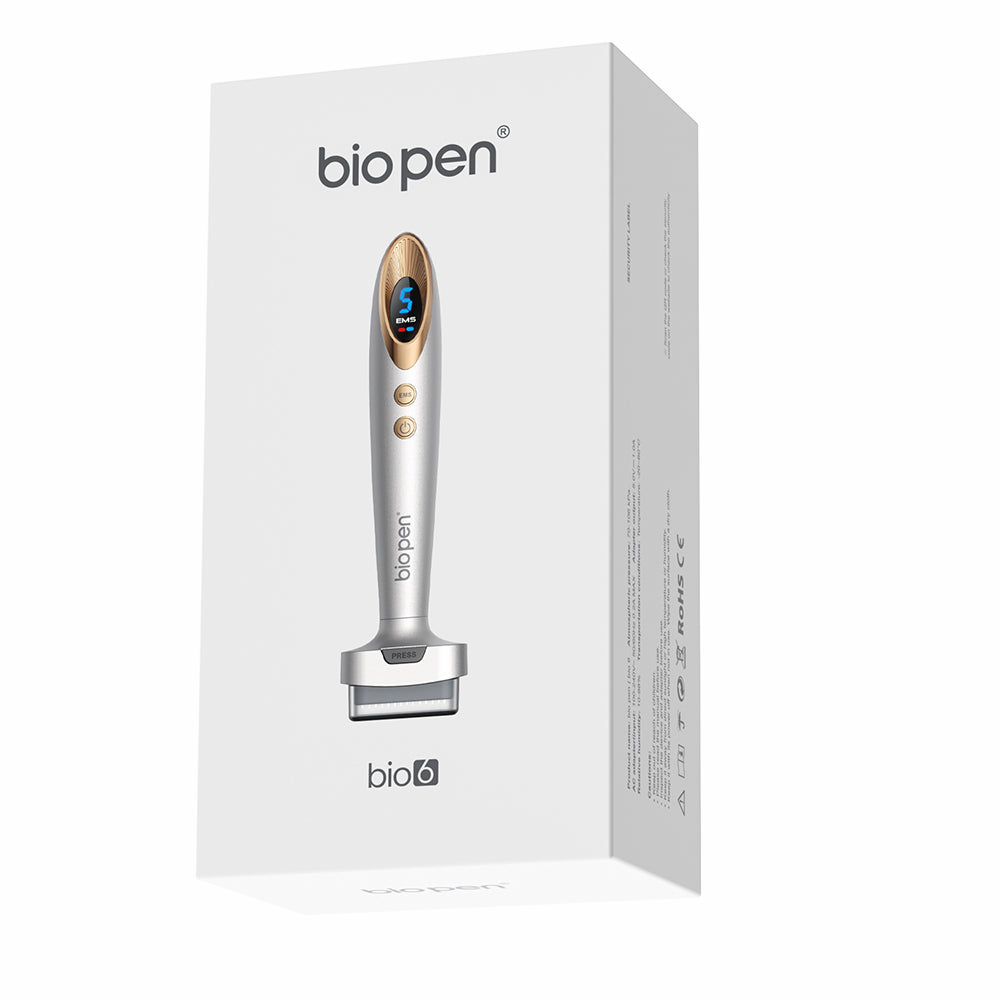 Bio Pen Bio 6 produktpakning som viser microneedling-enheden med EMS-funktion, designet til avanceret hud- og hårplejebehandling.