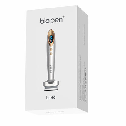 Bio Pen Bio 6 produktpakning som viser microneedling-enheden med EMS-funktion, designet til avanceret hud- og hårplejebehandling.