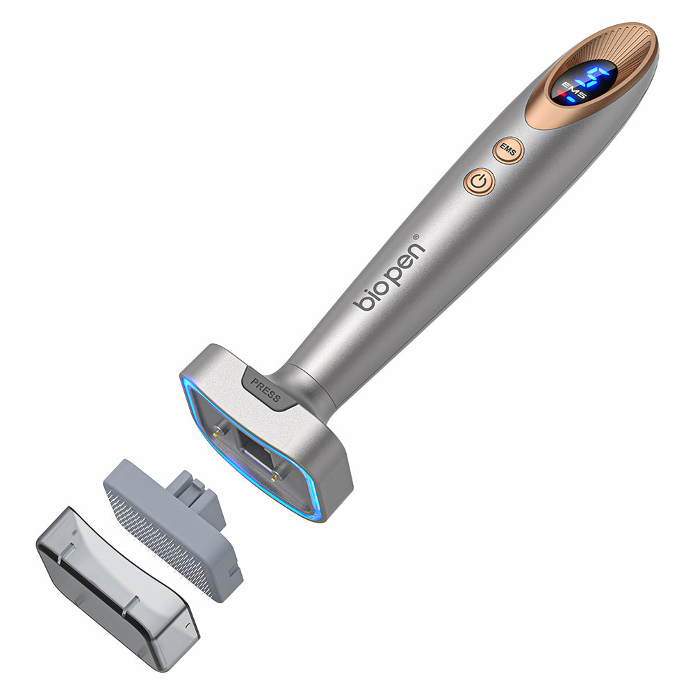 Bio Pen Bio 6 med aftageligt microneedling-hoved og EMS-funktion, vist med udskiftelige tilbehør til avanceret hudbehandling og forbedret absorption.