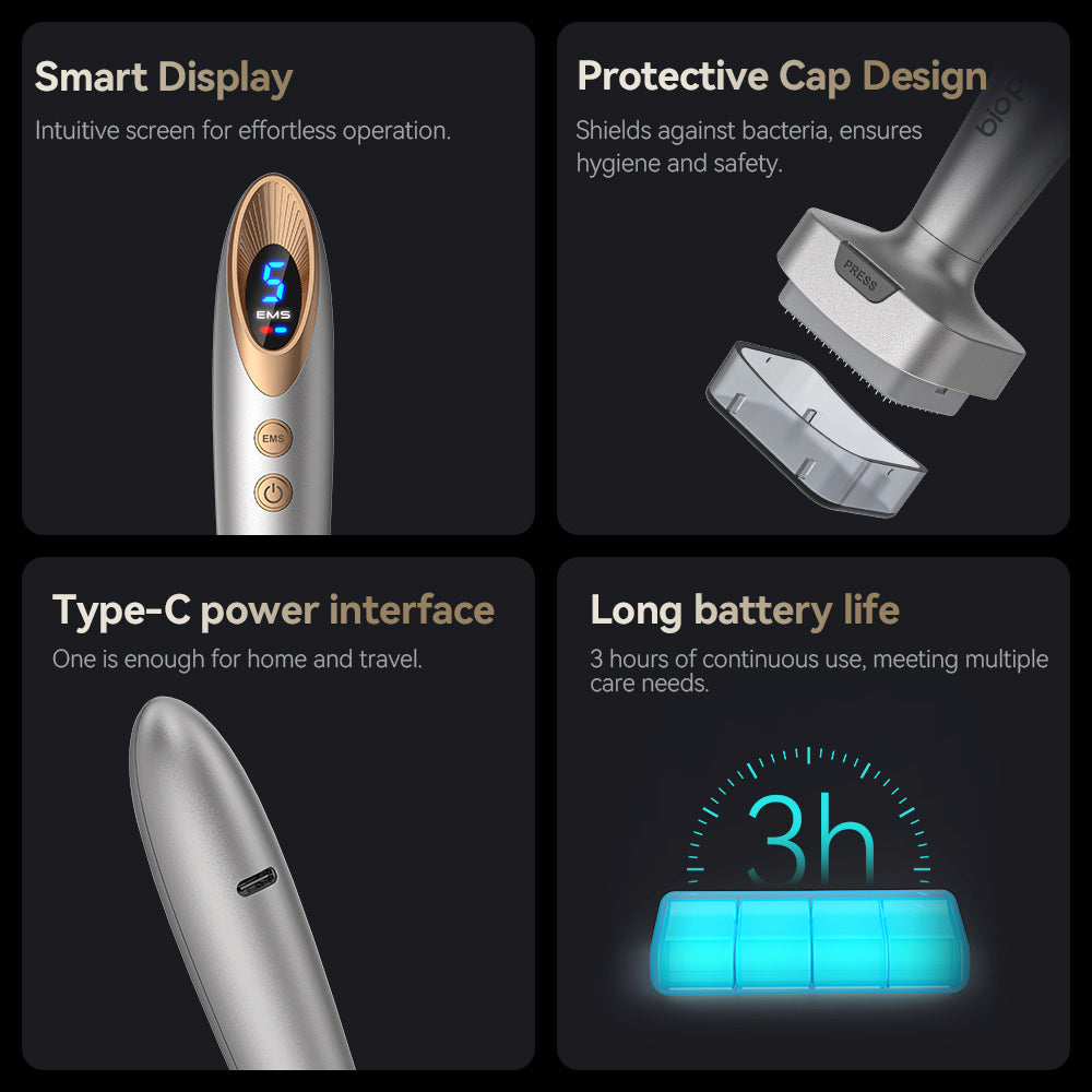 Bio Pen Bio 6 funktionsoversigt med smart display, beskyttelseslåg for hygiejne, Type-C-opladning og lang batterilevetid på op til 3 timer, designet til effektiv hud- og hårplejebehandling.