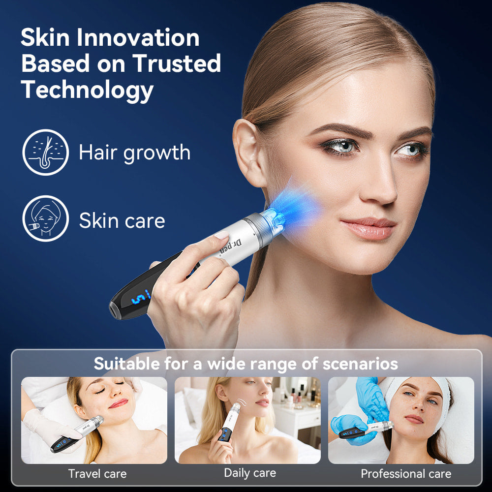 Kvinde bruger Bio Pen Q1S microneedling med blåt LED-lys til hudpleje og hårstimulering, med eksempler på brug i rejser, daglig pleje og professionel behandling.