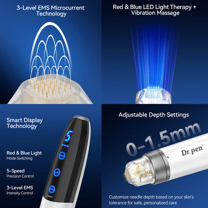 Bio Pen Q1S microneedling med 3-niveau EMS-mikrostrøm, rødt og blåt LED-lys, smart display samt justerbar nåledybde 0–1,5 mm til avanceret hudbehandling.