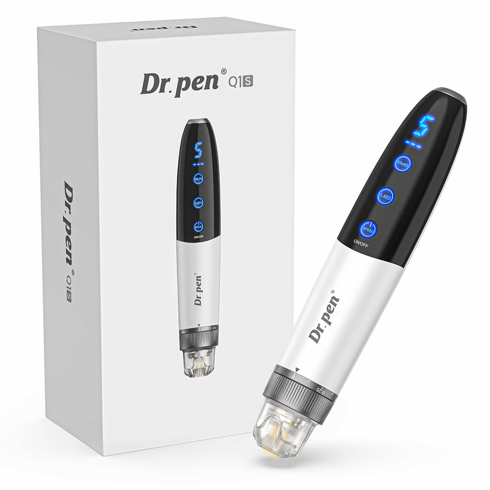 Bio Pen Q1S microneedling-pen med LED- og EMS-funktioner, vist sammen med produktforpakning til professionel hudbehandling.