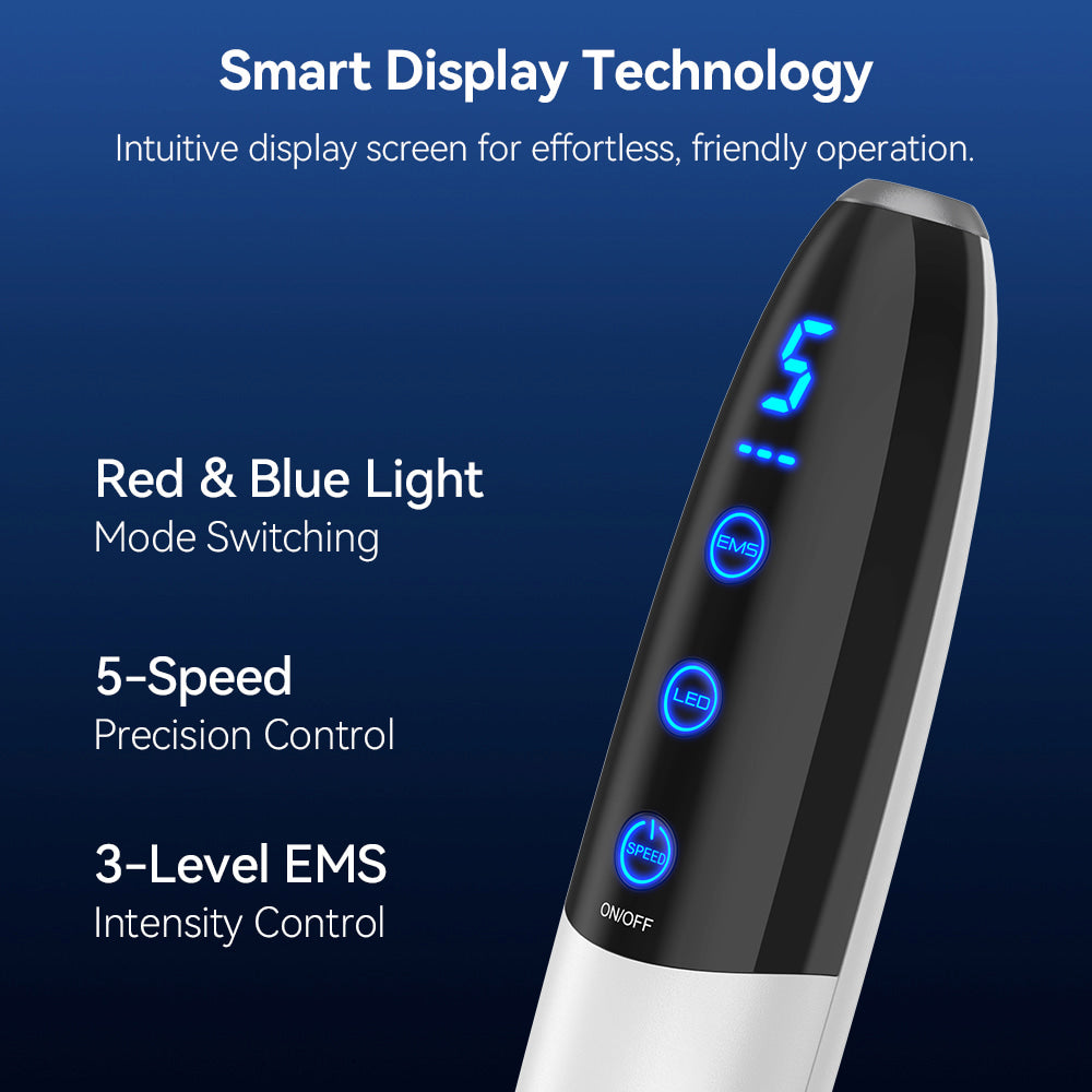 Bio Pen Q1S med smart displayteknologi, der viser rødt og blåt lysmodus, 5 hastigheder og justerbar EMS-intensitet til avanceret microneedling-behandling.