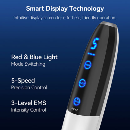 Bio Pen Q1S med smart displayteknologi, der viser rødt og blåt lysmodus, 5 hastigheder og justerbar EMS-intensitet til avanceret microneedling-behandling.