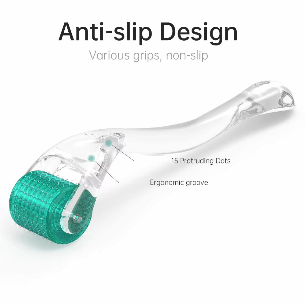 Dermaroller DRS 192 med anti-slip design, ergonomisk håndtag og 15 grebspunkter for stabil og sikker microneedlingbehandling.