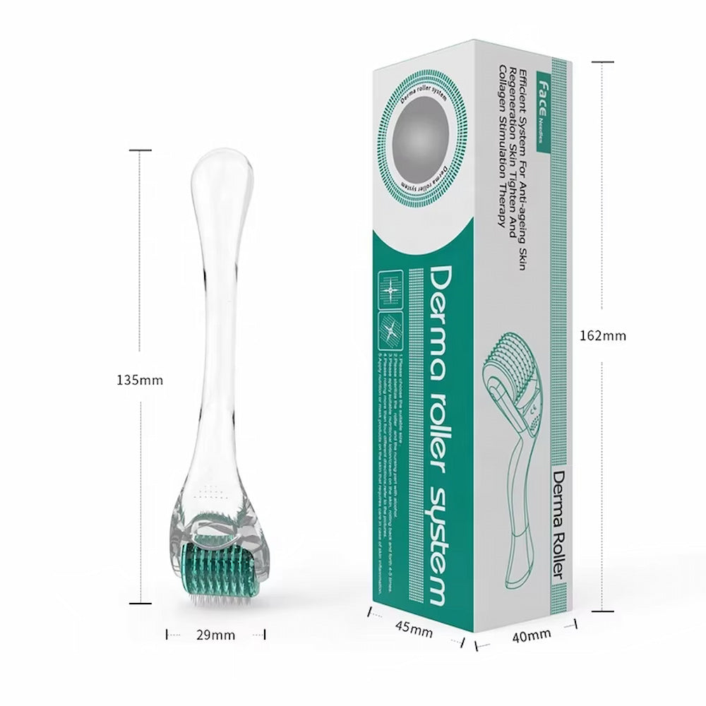 Dermaroller DRS 192 med tydelige mål og originalemballage, viser længde, bredde og størrelse for microneedlingværktøjet.