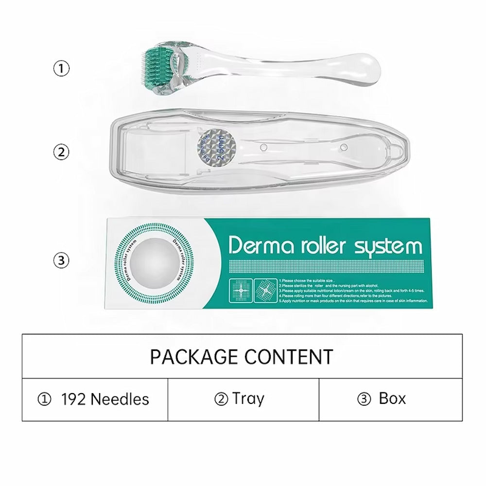 Dermaroller DRS 192 viser pakkens indhold: dermaroller, beskyttelsesbakke og boks.