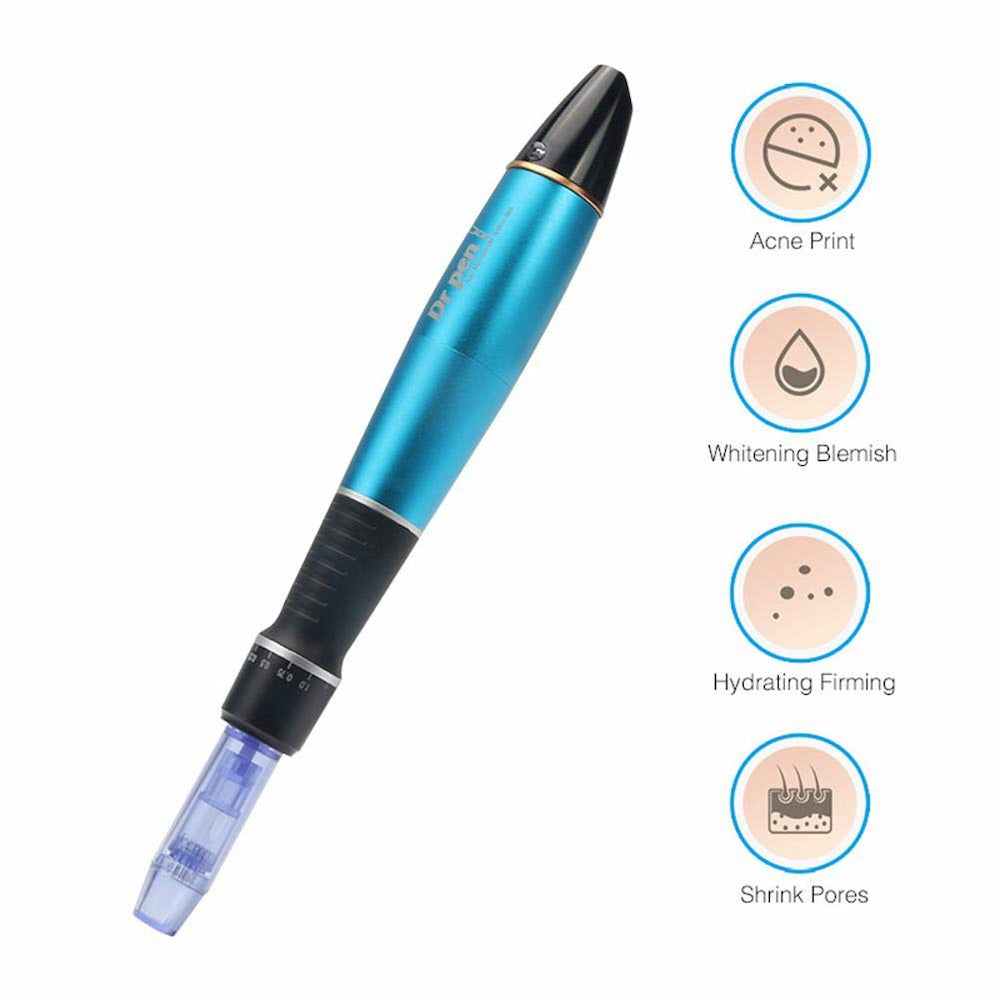Dr. Pen A1 blå microneedling-pen, der viser behandlingseffekter som reducerede acnear, lysere hudtone, øget fugtighed og reducerede porer.