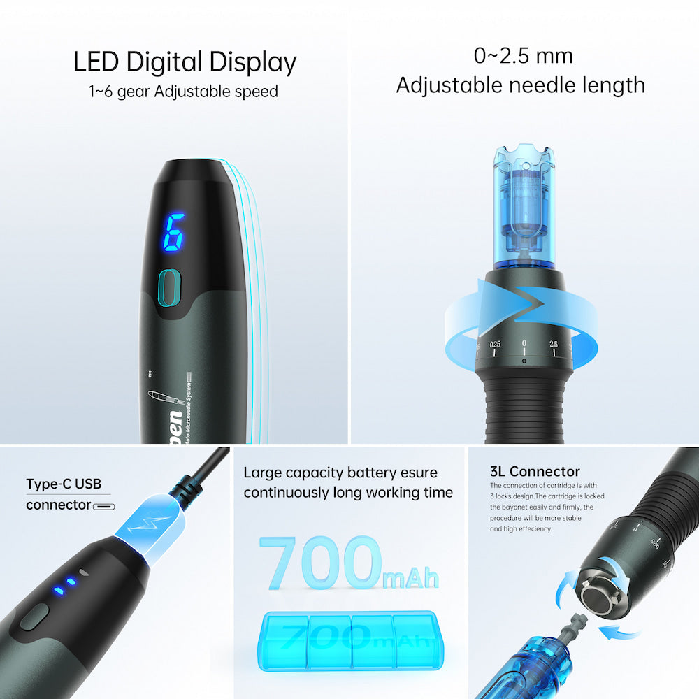 Dr. Pen A20 microneedling-pen med LED-display, justerbar nåledybde 0–2,5 mm, Type-C opladning, 700 mAh batteri og stabil 3L-connector til sikrere behandling.