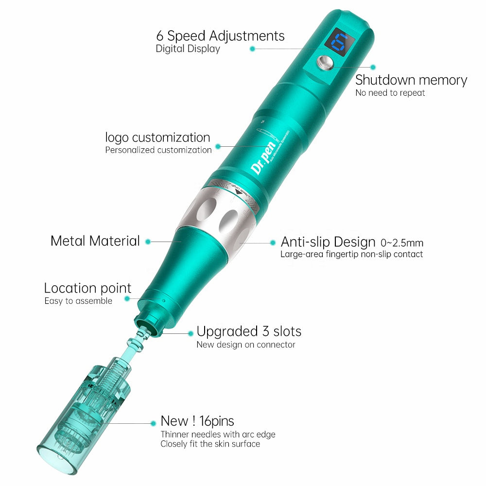 Oversigtsbillede af Dr. Pen A6S der viser seks hastighedsniveauer, metalkrop, anti-slip design, hukommelsesfunktion ved slukning, logopersonalisering, opgraderet 3-spors forbindelse og nyt 16-nåls hoved.