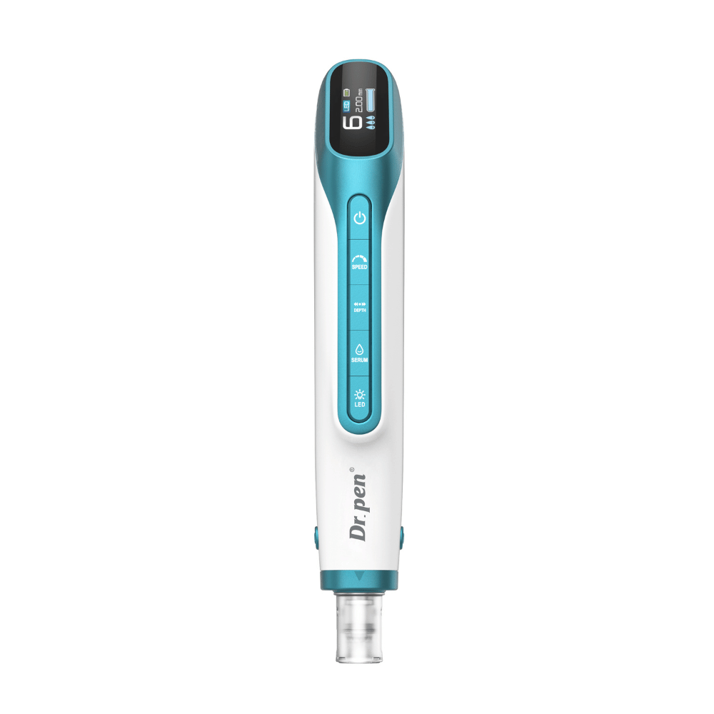 Dr. Pen H6 microneedling-pen forfra med digitalt display og kontrolknapper.