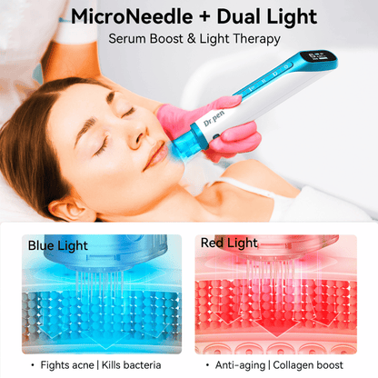 Dr. Pen H6 microneedling-pen med rødt og blåt LED-lys til hudbehandling.