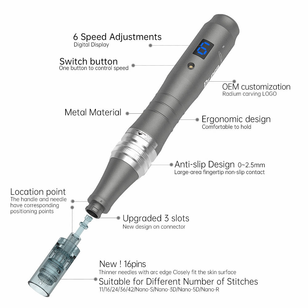 Oversigtsbillede af Dr. Pen M8 med markeringer, der viser funktioner som 6 hastighedsniveauer, ergonomisk design, metalkrop, anti-slip-greb og opgraderet nålepatron med 3-spors kontakt.