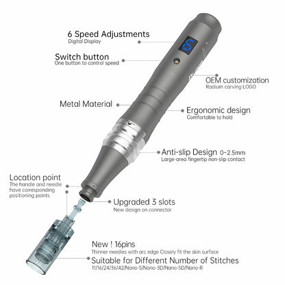Oversigtsbillede af Dr. Pen M8 med markeringer, der viser funktioner som 6 hastighedsniveauer, ergonomisk design, metalkrop, anti-slip-greb og opgraderet nålepatron med 3-spors kontakt.