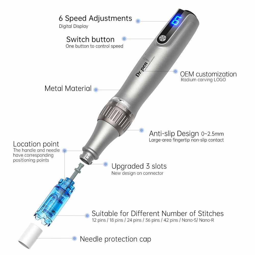 Dr. Pen microneedling-pen med digital hastighedsdisplay, nålemodul, anti-slip-design og justerbar nåledybde op til 2,5 mm.