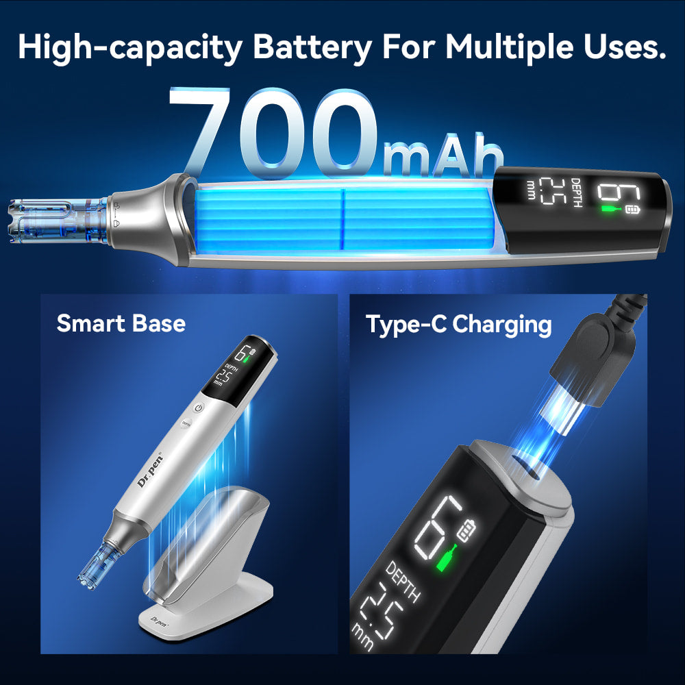 Dr. Pen M9 med kraftigt 700mAh-batteri, USB-C-opladning og smart ladestativ til trådløs microneedling og lang brugstid.