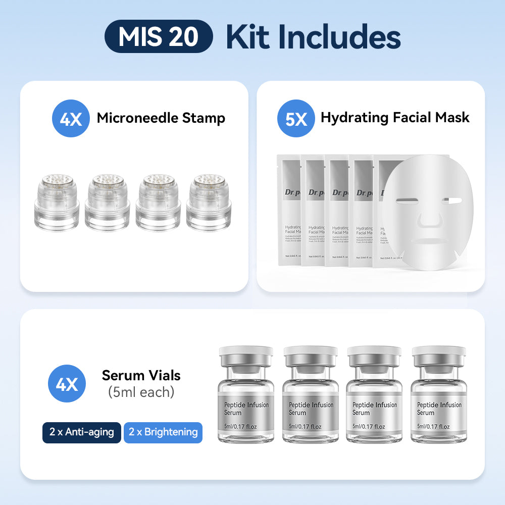 Dr. Pen MIS20 Micro-Infusion Kit med fire microneedle stamps, fem fugtgivende ansigtsmasker og fire serumflasker à 5 ml – to anti-age-serum og to serum til en mere ensartet og mere strålende hud.