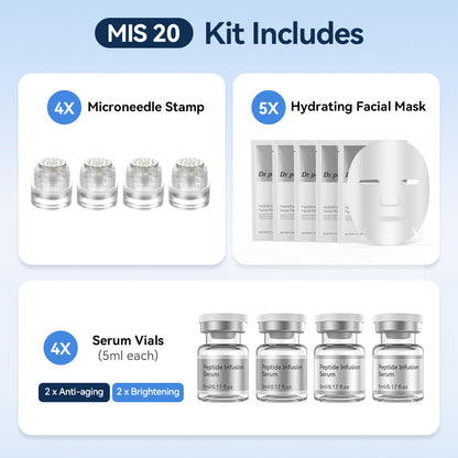 Dr. Pen MIS20 Micro-Infusion Kit med fire microneedle stamps, fem fugtgivende ansigtsmasker og fire serumflasker à 5 ml – to anti-age-serum og to serum til en mere ensartet og mere strålende hud.