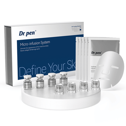 Dr. Pen MIS20 Micro-Infusion System komplet hudplejesæt med peptide infusion serum, micro-infusion-applikatorer og fugtgivende ansigtsmasker til behandling af fine linjer, ujævn hudtone og træt hud.