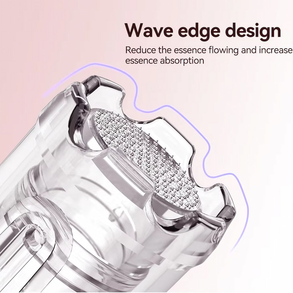 Nærbillede af Dr. Pen nålhoved med wave edge-design, som reducerer spild og forbedrer hudens absorption ved mikronålning.