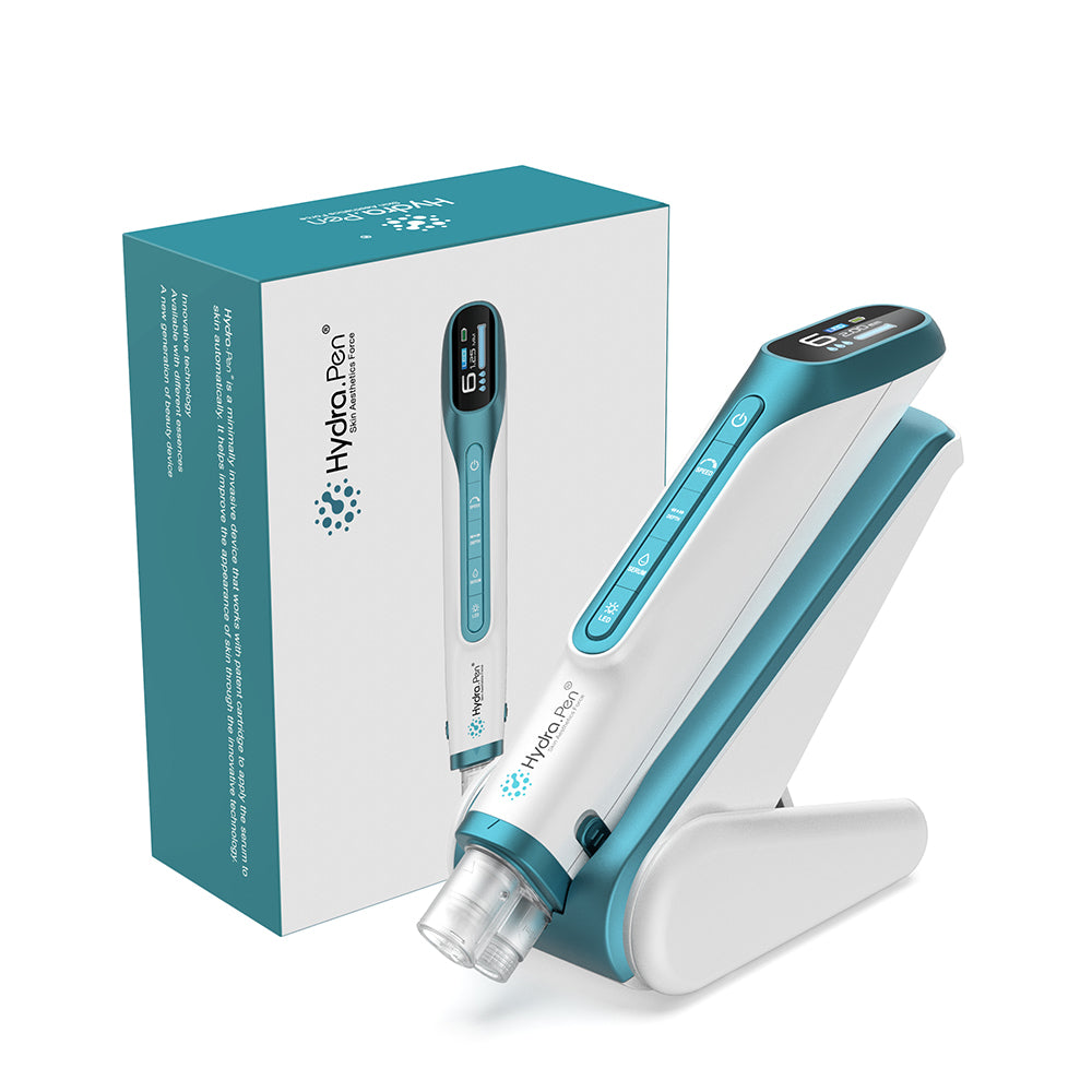 Hydra Pen H6 mikroneedling- og hydra-infusion-enhed sammen med emballage, designet til avanceret serumlevering, hudforyngelse og professionel hudplejebehandling.