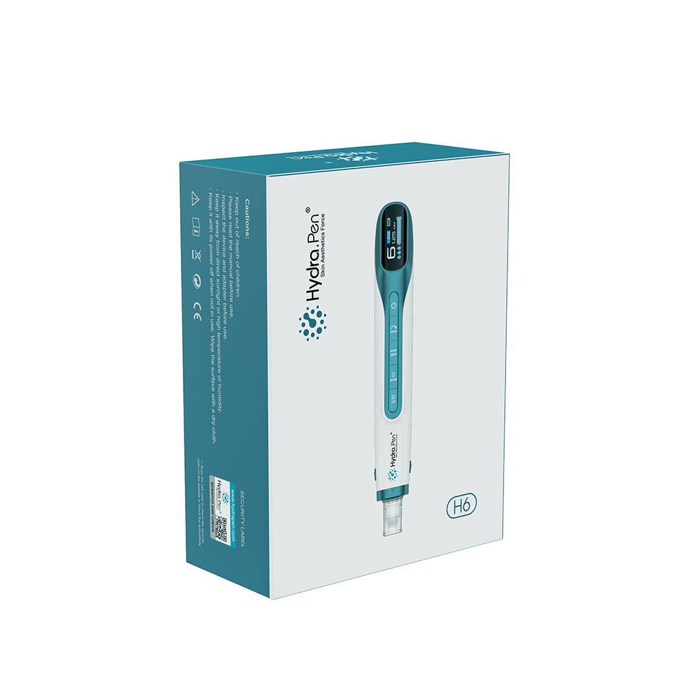 Emballage af Hydra Pen H6 mikroneedling- og hydra-infusion-enhed, avanceret hudplejeteknologi til serumlevering og hudforyngelse.
