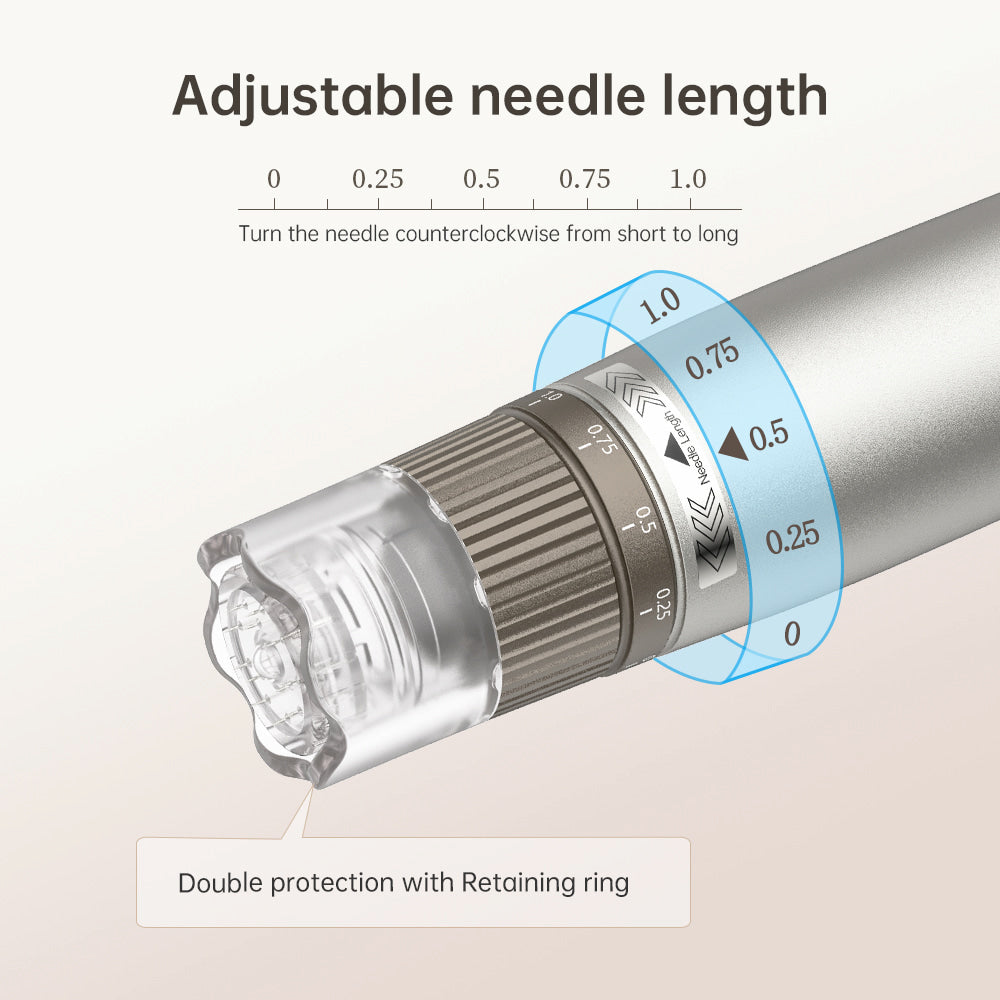 HydraPen h3 med justerbar nåledybde fra 0 til 1.0 mm og dobbelt beskyttelse med sikkerhedsring for præcis og sikker microneedling.