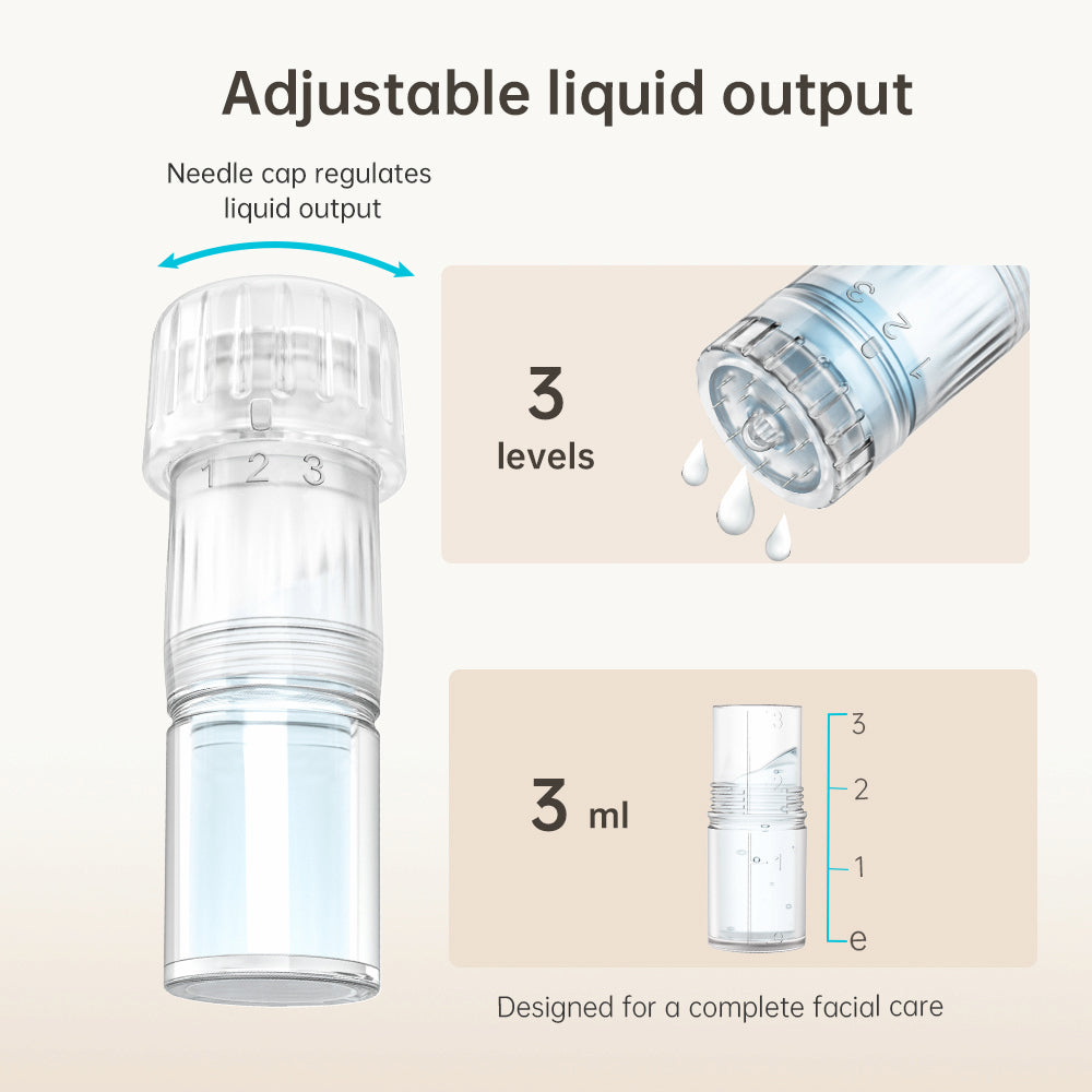 HydraPen H3 nålehoved med justerbar væskedosering i tre niveauer og 3 ml beholder for præcis og komplet ansigtsbehandling.