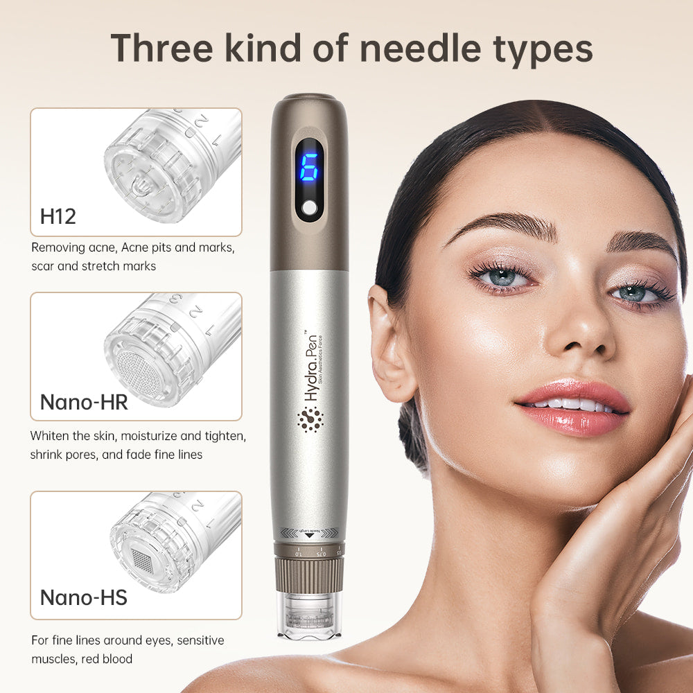 HydraPen H3 med tre forskellige nåletyper – H12 til ar og acne, Nano-HR til hudfornyelse og porereduktion samt Nano-HS til følsomme områder omkring øjnene.