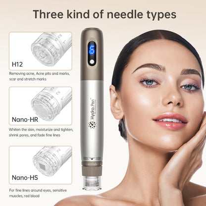 HydraPen H3 med tre forskellige nåletyper – H12 til ar og acne, Nano-HR til hudfornyelse og porereduktion samt Nano-HS til følsomme områder omkring øjnene.