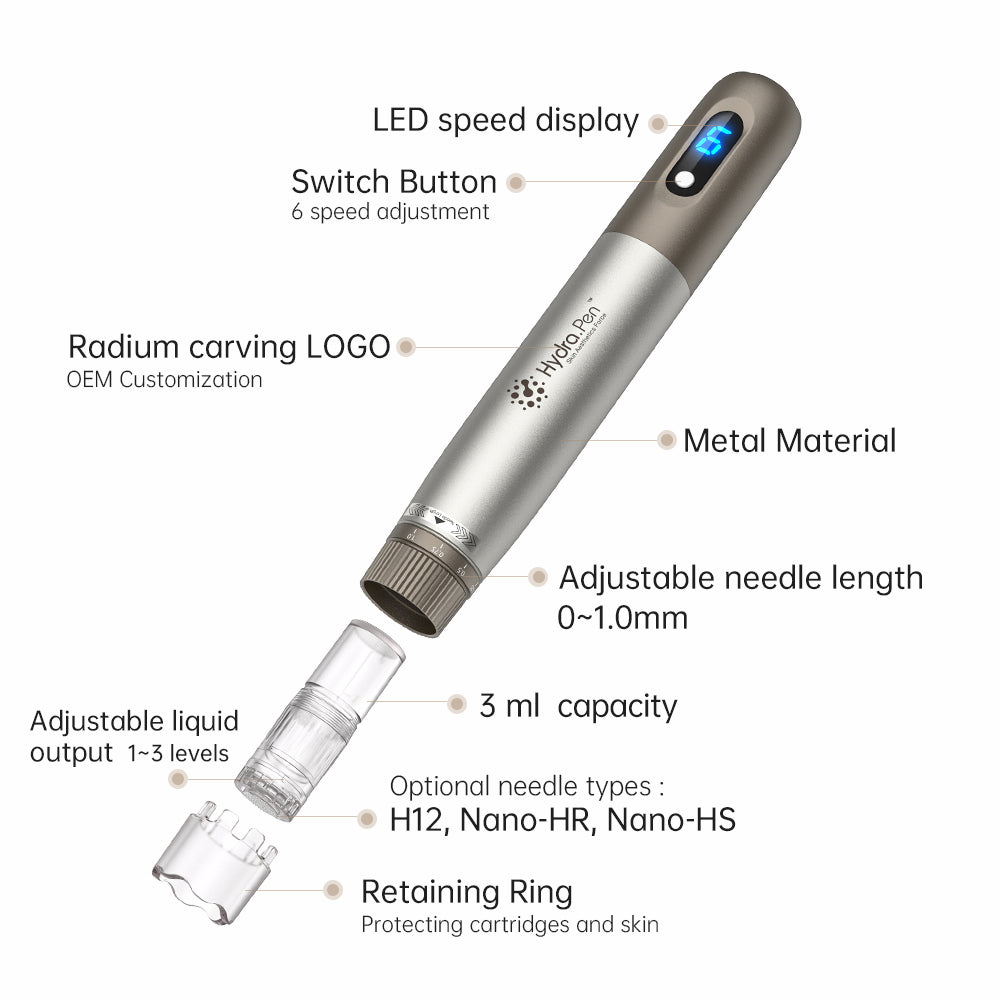 HydraPen h3 med LED-hastighedsdisplay, 6 hastigheder, justerbar nåledybde 0–1,0 mm, 3 ml væskebeholder, justerbar væskeudslip og kompatible nåletyper H12, Nano-HR og Nano-HS.