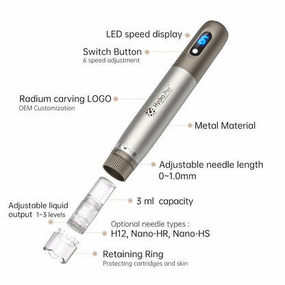 HydraPen h3 med LED-hastighedsdisplay, 6 hastigheder, justerbar nåledybde 0–1,0 mm, 3 ml væskebeholder, justerbar væskeudslip og kompatible nåletyper H12, Nano-HR og Nano-HS.