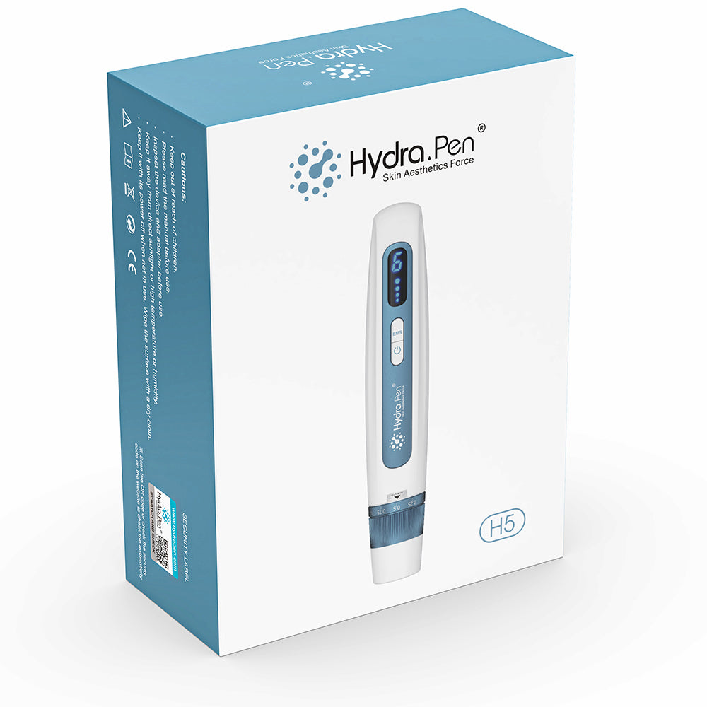 HydraPen H5 emballage, der viser den hvide og blå microneedling-pen til seruminfusion og avanceret hudbehandling.