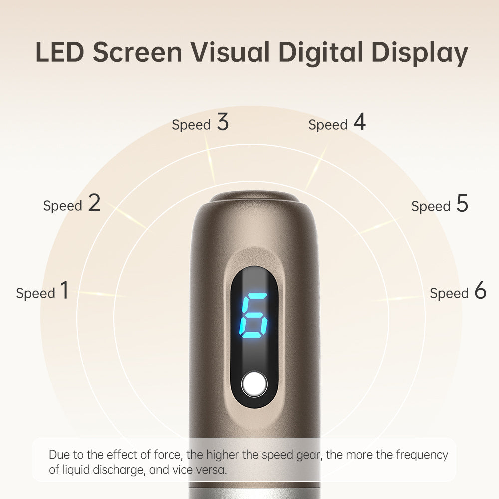 Nærbillede af et microneedling-håndtag der viser en blå LED-display med hastighedsniveau 6, omgivet af grafiske markeringer for hastighed 1 til 6 samt tekst om hvordan højere hastighed giver hurtigere væskeflow.