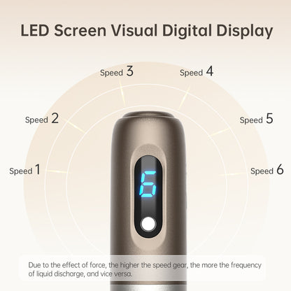 Nærbillede af et microneedling-håndtag der viser en blå LED-display med hastighedsniveau 6, omgivet af grafiske markeringer for hastighed 1 til 6 samt tekst om hvordan højere hastighed giver hurtigere væskeflow.