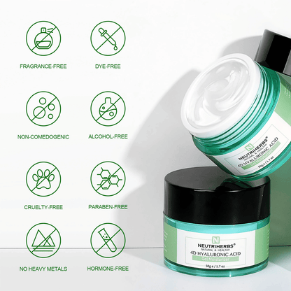 Neutriherbs 4D Hyaluronic Acid Gel Moisturizer 50 g med illustration af produktets egenskaber. Gelcremen er parfumefri, alkoholfri, uden farvestoffer, ikke-komedogen, parabenefri og cruelty-free samt fri for tungmetaller og hormoner, hvilket gør den skånsom for alle hudtyper, også sensitiv hud.