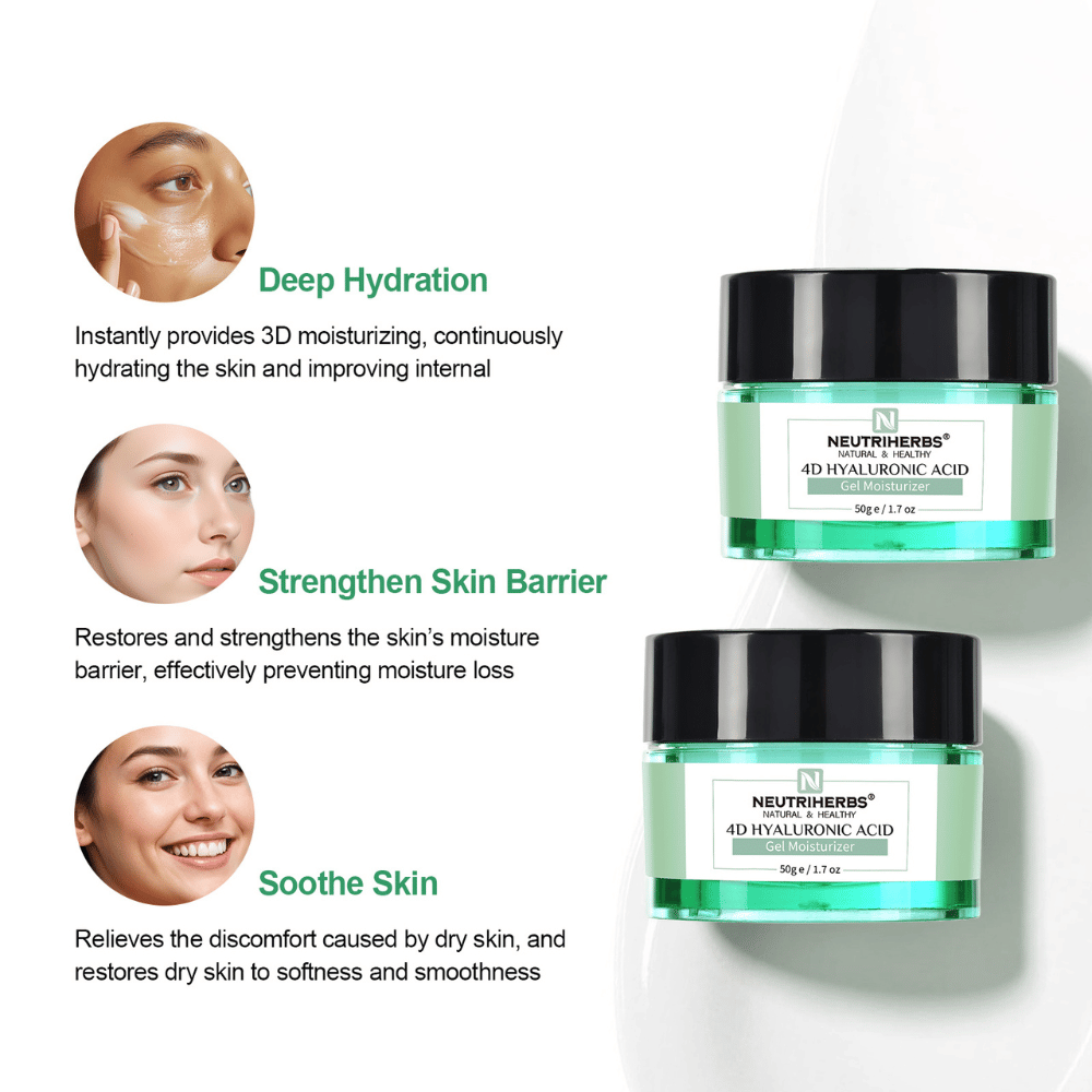 Neutriherbs 4D Hyaluronic Acid Gel Moisturizer 50 g med illustration af produktets vigtigste fordele. Gelcremen giver intensiv fugt, hjælper med at styrke hudens beskyttende barriere og beroliger tør og sensitiv hud for en blødere og smidigere hudfølelse.