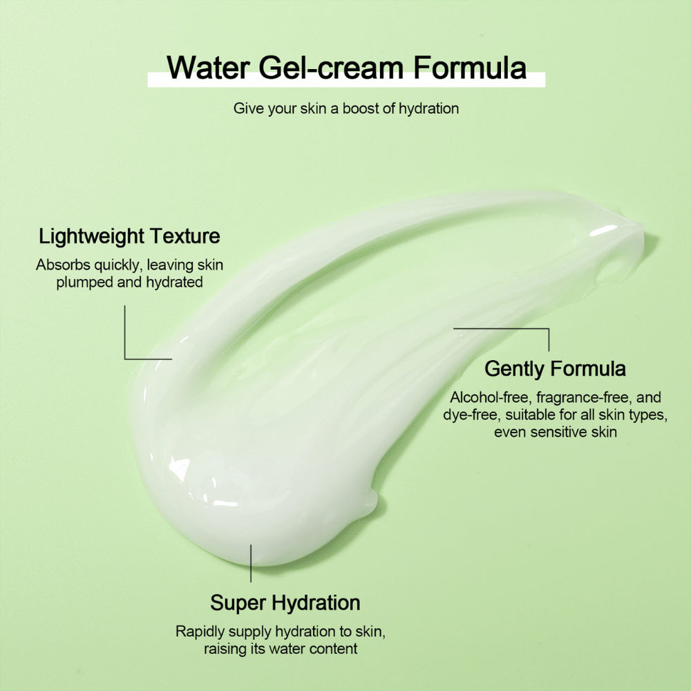 Illustration af den lette geltekstur i Neutriherbs 4D Hyaluronic Acid Gel Moisturizer. Den vandbaserede gelcreme absorberes hurtigt, giver intensiv fugt og efterlader huden blød, fyldig og frisk. Formlen er skånsom og passer til alle hudtyper, også sensitiv hud.