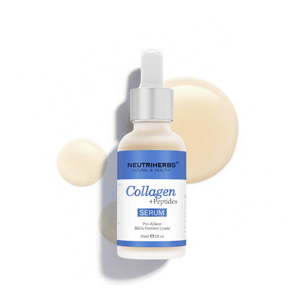 Neutriherbs Collagen + Peptides Serum 30 ml mod hvid baggrund med dekorative kollagenbobler. Fugtgivende og opstrammende ansigtsserum, der hjælper med at forbedre hudens elasticitet og mindske synlige fine linjer.