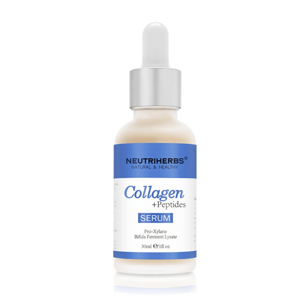 Neutriherbs Collagen + Peptides Serum 30 ml med kollagen og peptider. Opstrammende ansigtsserum, der forbedrer hudens elasticitet, fugter i dybden og hjælper med at reducere fine linjer og alderstegn.